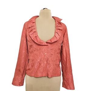 Chico's Crinkle Button Front Ruffled Plunge Collar Salmon Top Medium